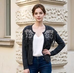 Volcom Wolf Clan Fringe Cardigan Sweater Tribal Intarsia Boho Charcoal XS Skater